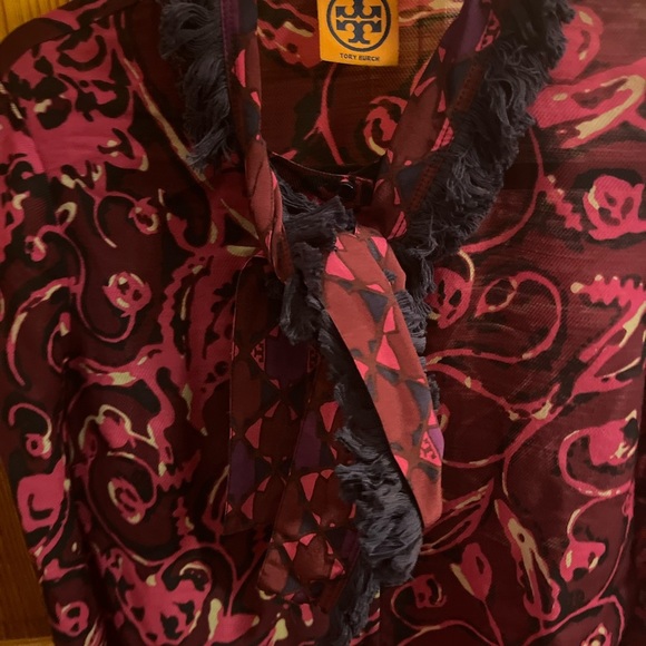 Tory Burch printed button down with attached scarf size 6 wool and silk - Picture 2 of 9